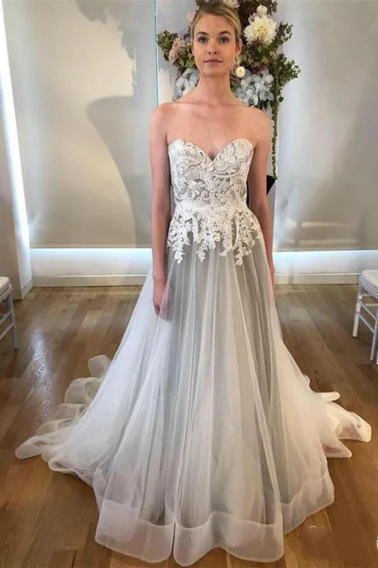 Cheap Sweetheart Neck A Line Silver Grey Long Appliqued Wedding Dress Earthy Women's Hemp - based