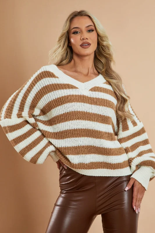 Camel Striped Chunky Knit Oversized Cardigan - Pedra Traditional Women's 