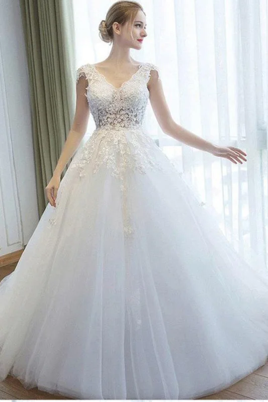 Ball Gown V Neck Tulle Court Train Appliques Lace Backless Wedding Dress Edgy Women's Punk