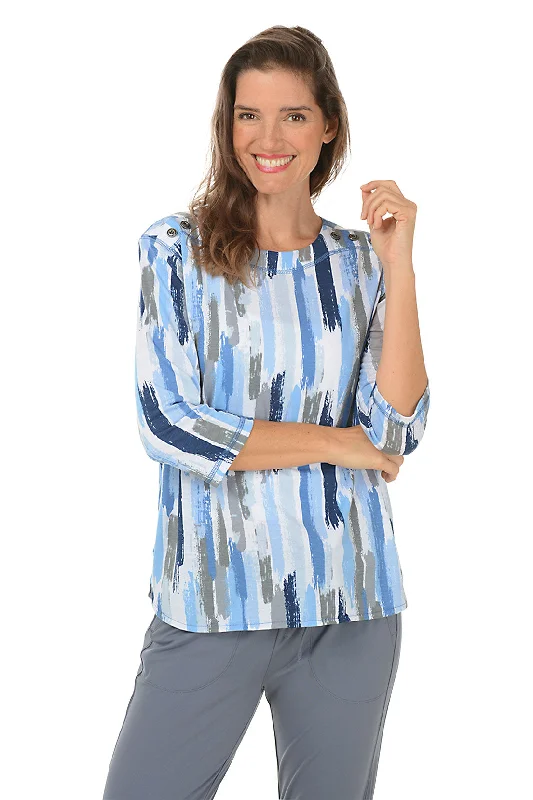 Blue Brushstroke Stripe Button Shoulder Top Elegant Women's Formal 