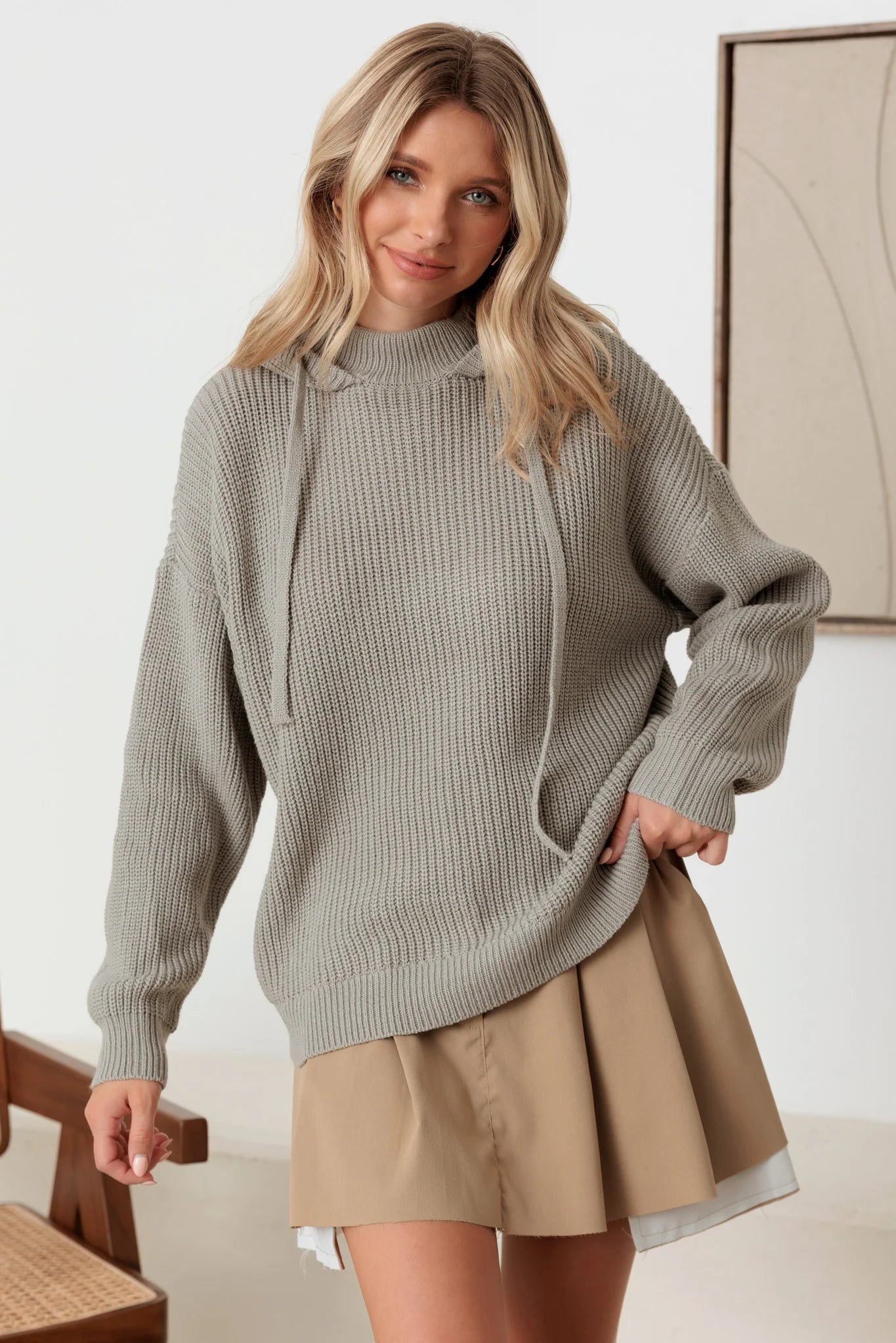 Hooded Long Sleeve Drawstring Relaxed Knit Sweater