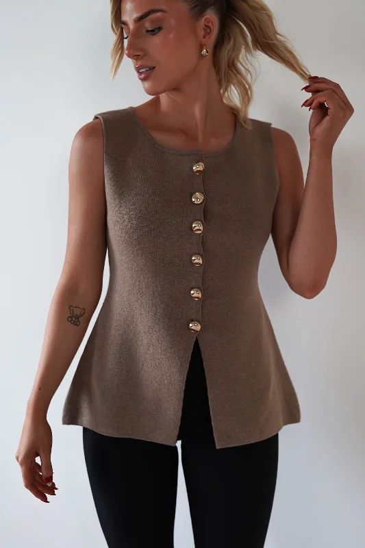 Louella Gold Button Waistcoat Top | Brown Youthful Women's Anime - inspired