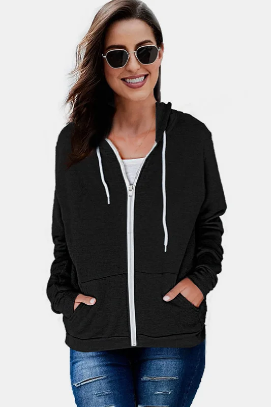 Solid Pocket Zipper Hoodie Relaxed Women's 