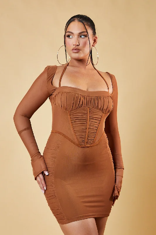 Brown Corset Detail Bodycon Mini Dress - Ivy Trendy Women's Oversized