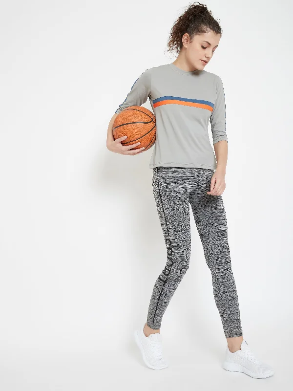 JUMP USA Striped Women Round Neck Grey T-Shirt Hip Women's Retro
