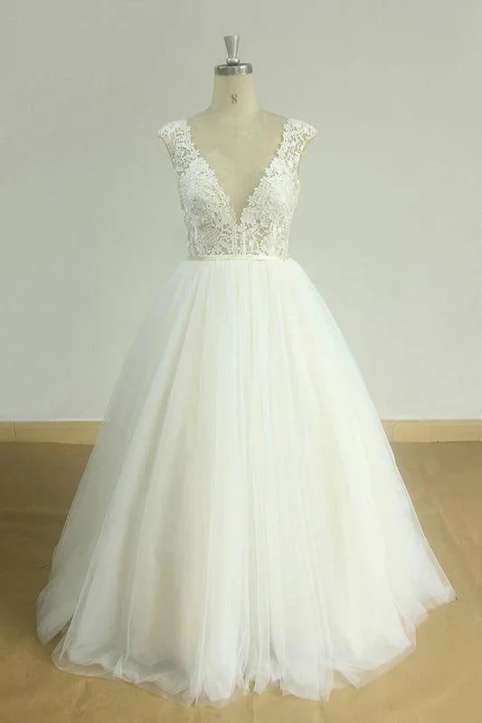 Bridelily Graceful Open Back Lace Tulle A-line Wedding Dress Bohemian Women's Free