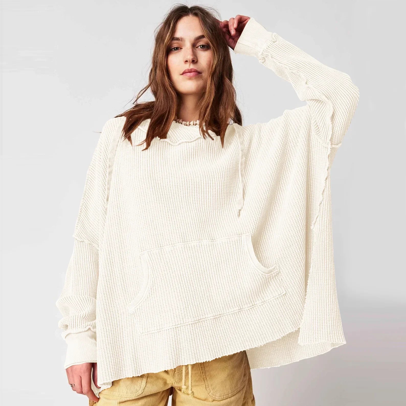 Solid Waffle European American Fashion Long Sleeve Hoody Vintage Women's 1970S 