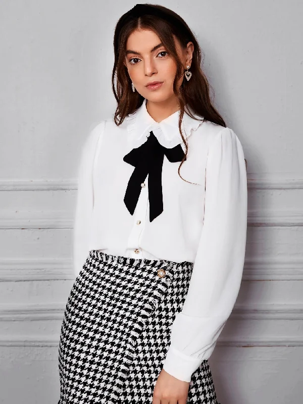 Preppy Colorblock Button Front Long Sleeve Tie Neck Regular Blouse Minimalist Women's Casual Preppy Colorblock Button Front Long Sleeve Tie Neck Regular Blouse Minimalist Women's Casual