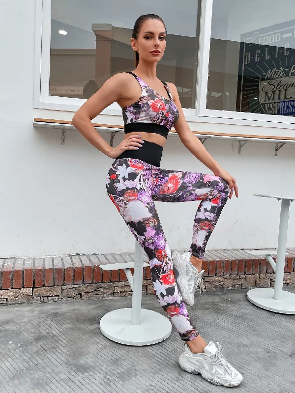 Floral Backless Sleeveless Scoop Neck Women Sports Sets Earthy Women's 