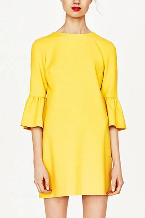 Wholesale Yellow Crew Neck 3/4 Length Sleeve Plain Zip Back Mini Dress Modern Women's Tech Wholesale Yellow Crew Neck 3/4 Length Sleeve Plain Zip Back Mini Dress Modern Women's Tech