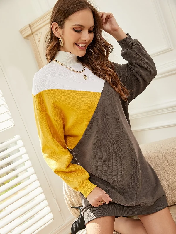 Casual Colorblock Long Sleeve High Neck Long Women Sweatshirt