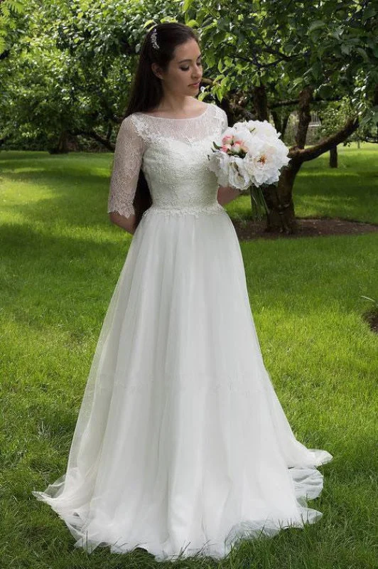 Lace Bodice Dress with Half Sleeves A Line Tulle Wedding Dresss Laid - back Women's Style