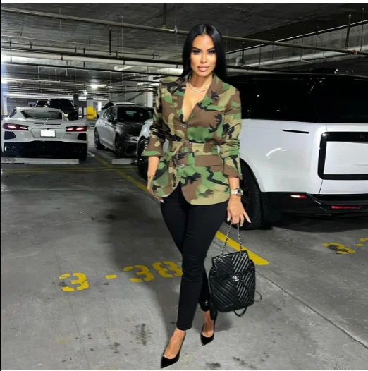 Camo Printed Buckle Lapel Coats With Belt Monochromatic Office Style