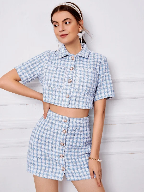 Preppy Plaid Button Front Short Sleeve Collar Women Two-Piece Outfits Preppy Women's College Preppy Plaid Button Front Short Sleeve Collar Women Two-Piece Outfits Preppy Women's College