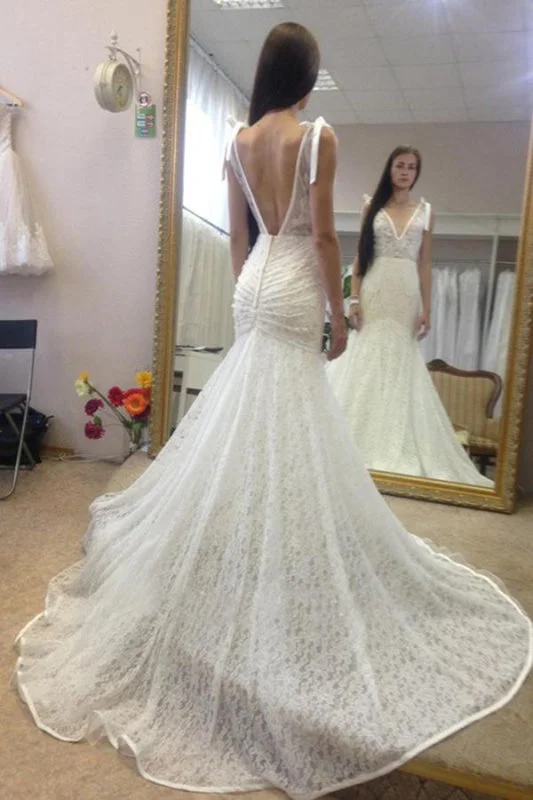 Neck Sleeveless Mermaid Gown With Deep V Back Long Lace Wedding Dress Artistic Women's Avant - 