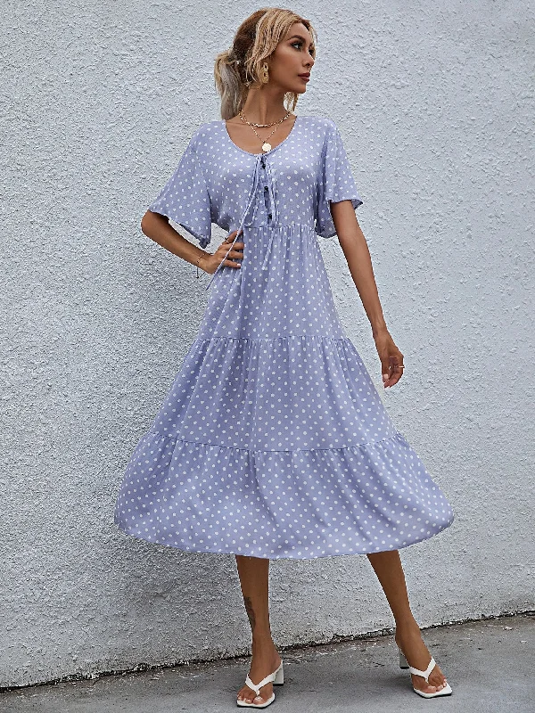 Polka Dot Button Front Short Sleeve Scoop Neck Flounce High Waist Midi Dress