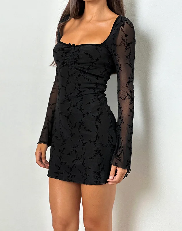 Luth Mini Dress in Vine Flower Black Monochromatic All - in - one