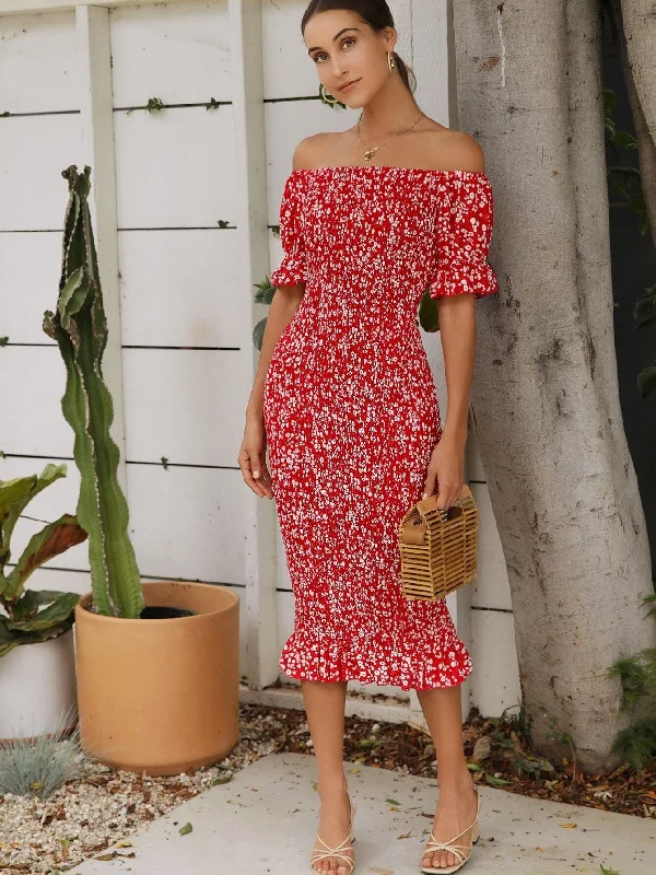 Ditsy Floral Shirred Half Sleeve Off The Shoulder Mermaid Natural Midi Dress