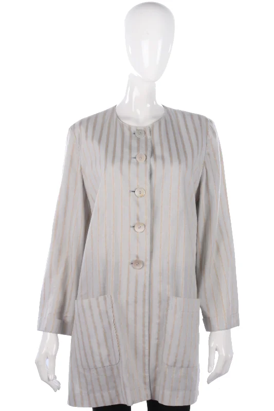 Jaeger Long Jacket Linen Grey and Gold Striped Size 14 Sophisticated Women's Tailored Jaeger Long Jacket Linen Grey and Gold Striped Size 14 Sophisticated Women's Tailored