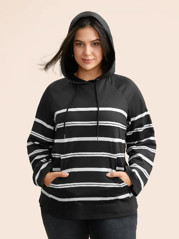 Striped Hooded Drawstring Raglan Sleeve Sweatshirt Bohemian Women's Free