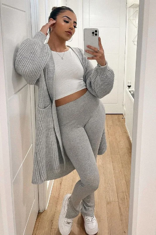 GREY BALLOON SLEEVE LONGLINE KNIT CARDIGAN - ABBIE Feminine Women's Style 