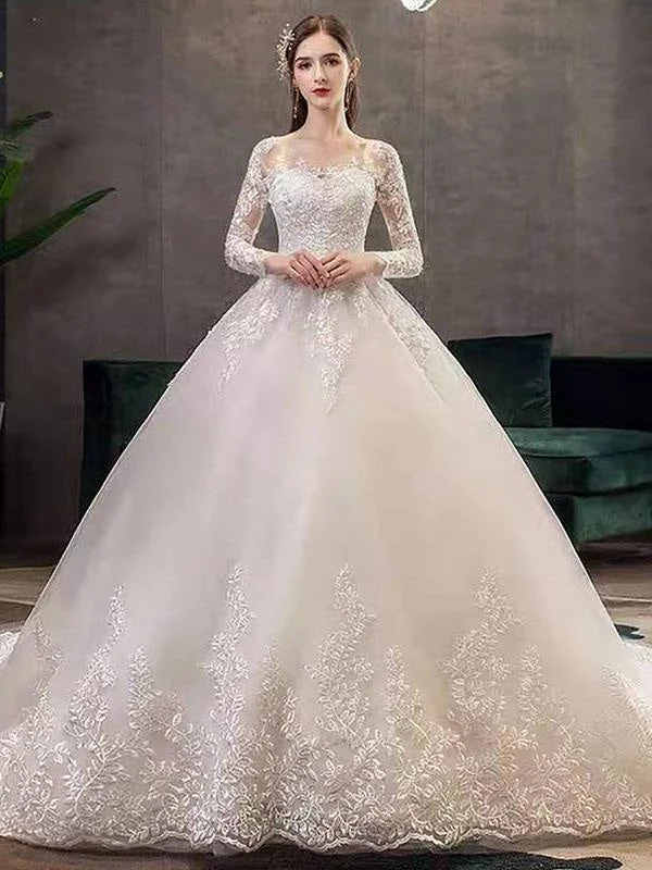 New Vintage Wedding Dresses Eric White Jewel Neck Long Sleeves Natural Waist Satin Fabric Cathedral Train Applique Traditional Dresses For Bride