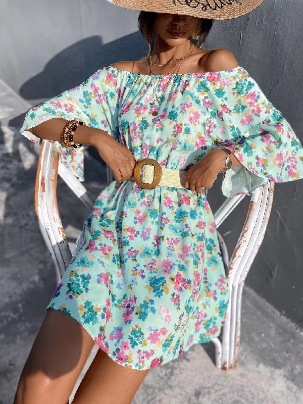 All Over Print Three Quarter Length Sleeve Off The Shoulder Flared High Waist Short Dress