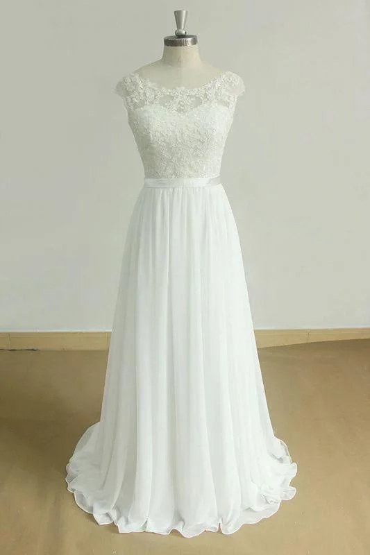 Bridelily Chic Cap Sleeve Lace Chiffon A-line Wedding Dress Stylish Women's Tropical 