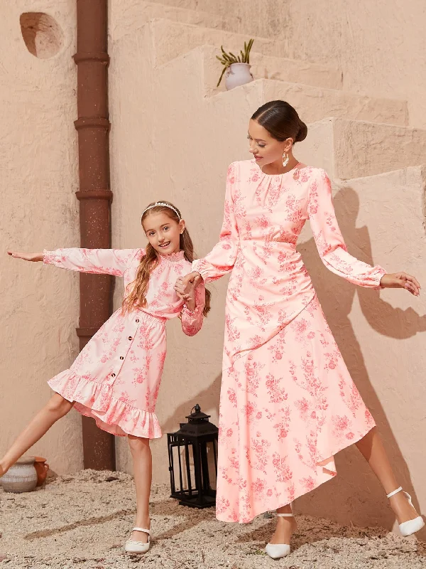 Floral Ruched Long Sleeve Round Neck Asymmetrical High Waist Long Dress Confident Women's Power
