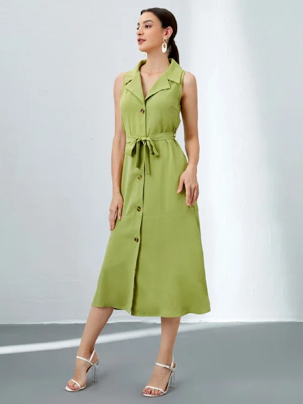 Plain Button Front Sleeveless Lapel Flared High Waist Long Dress