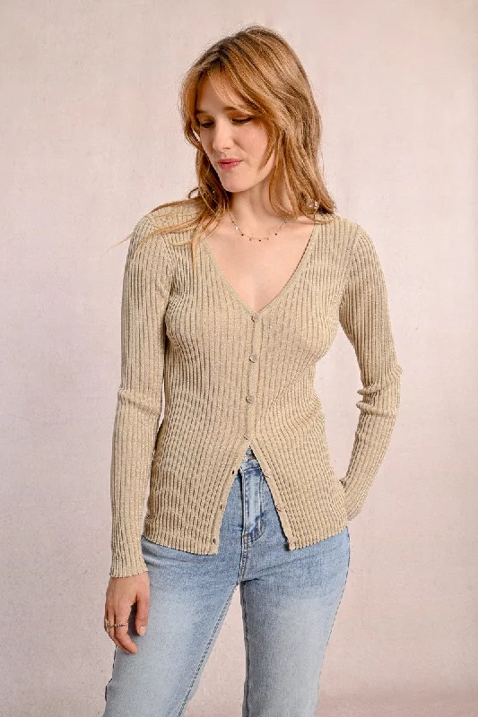 Molly Bracken V-Neck Ribbed Knit Cardigan