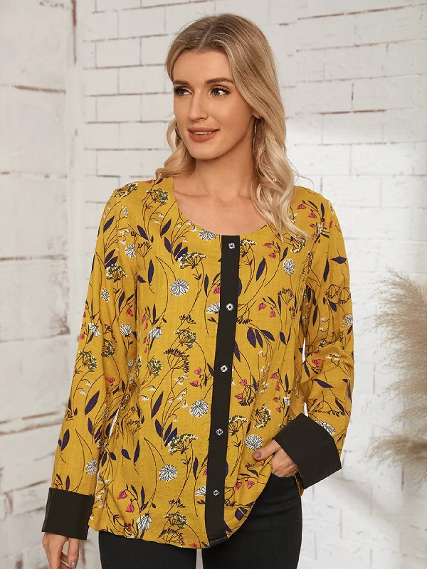 Boho All Over Print Button Long Sleeve Scoop Neck Regular Blouse Casual Women's Japanese Boho All Over Print Button Long Sleeve Scoop Neck Regular Blouse Casual Women's Japanese