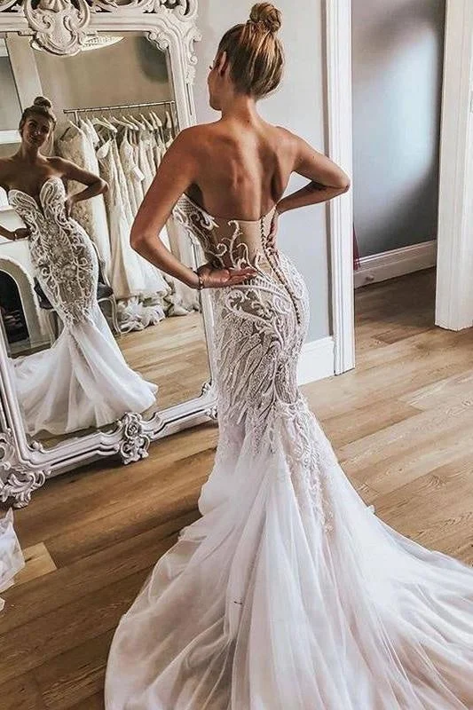 Gorgeous Strapless Tulle Mermaid Long Wedding Dress Athletic Women's High - 