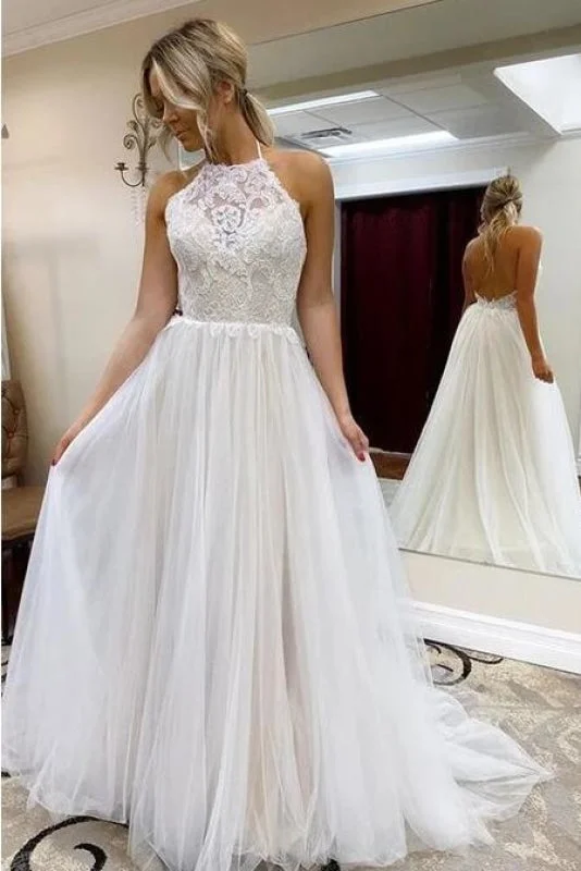 A Line Halter Tulle Lace Backless Beach Wedding Dres Casual Women's Loose - fitting