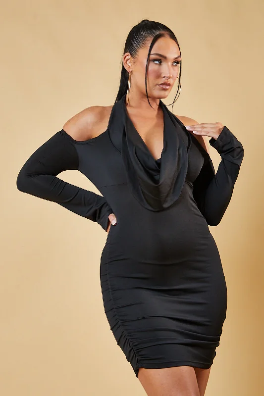 Black Cowl Neck Off Shoulder Mini Dress - Elsie Refined Women's Classic 