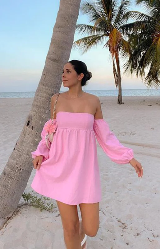 Koa Pink Off Shoulder Linen Mini Dress Confident Women's High - fashion