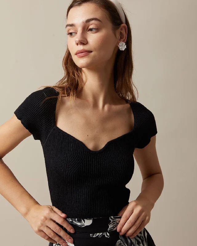 The Black Square Neck Short Sleeve Knit Top Sophisticated Women's 
