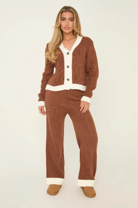 Brown Knit Contrast Button Up Front Cardigan & Straight Leg Trousers Co-ord Set -  Eileen