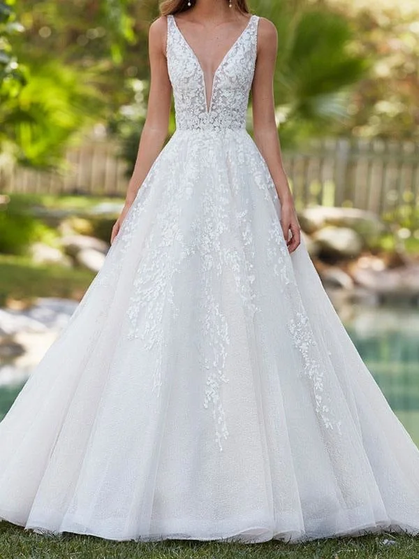 White Wedding Dresses A Line Floor Length Sleeveless Applique V Neck Long Bridal Dresses