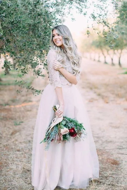 Two Piece Tulle Floor Length Lace Rustic Wedding Dress with Sleeves Street