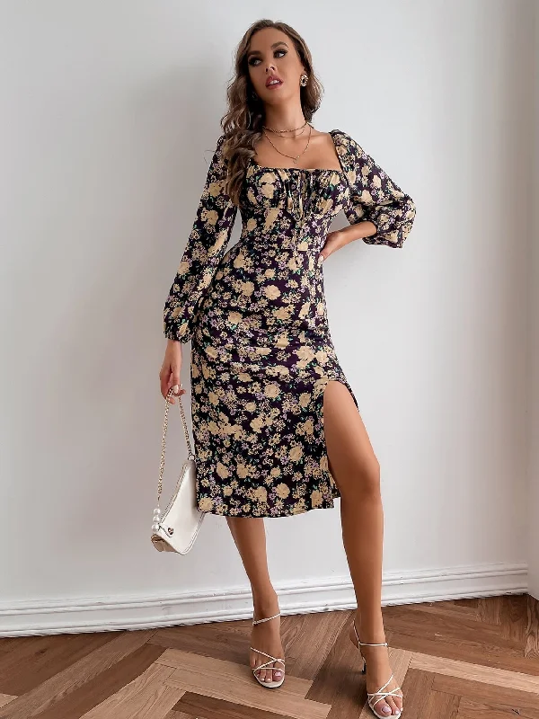 All Over Print Ruched Bust Long Sleeve Square Neck Slit High Waist Midi Dress Dynamic Women's High - energy All Over Print Ruched Bust Long Sleeve Square Neck Slit High Waist Midi Dress Dynamic Women's High - energy