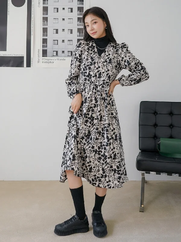 All Over Print Wrap Long Sleeve V Neck Flared High Waist Long Dress