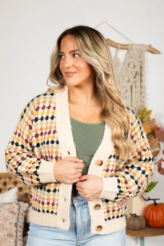 Beige Multicolor Button Knit Cardigan Disco