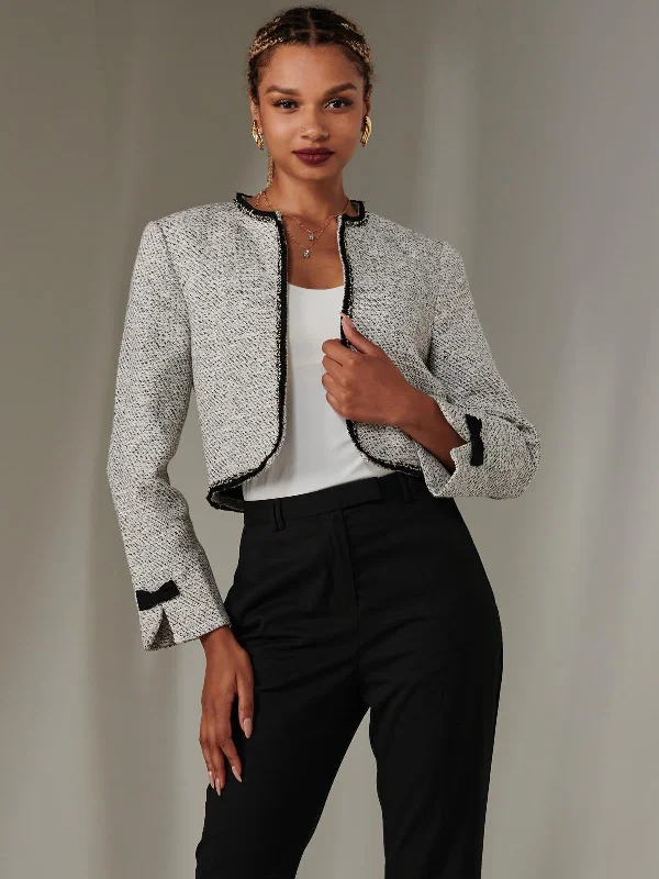 Contrast Trim Tweed Jacket, Monochrome Traditional Women's 