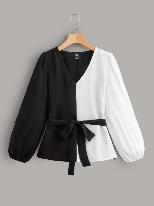 Casual Colorblock Belted Long Sleeve V Neck Regular Blouse Adventure