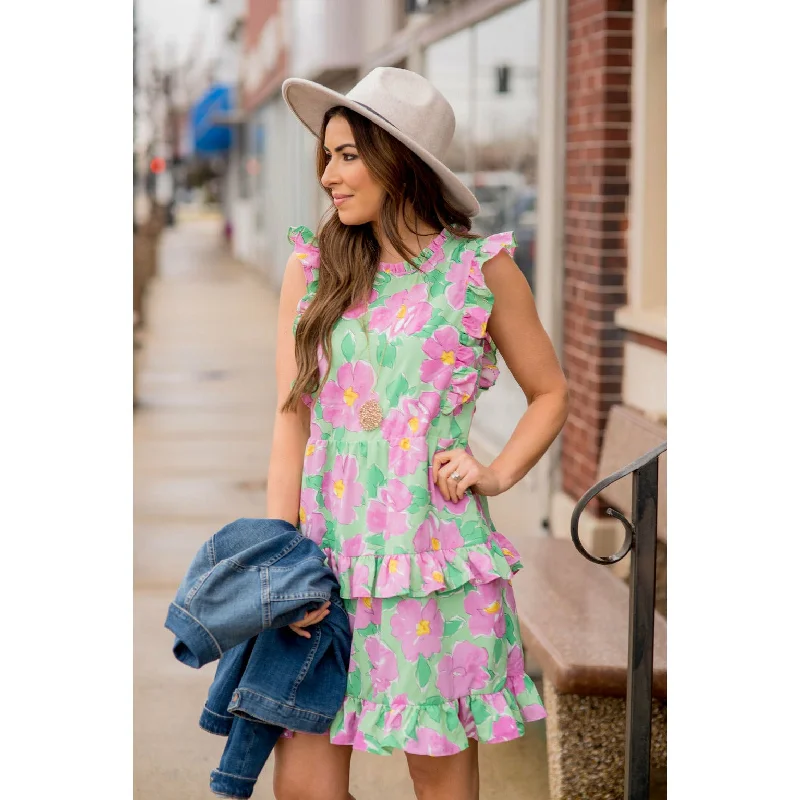 Large Floral Print Ruffle Dress Cool Women's Distressed