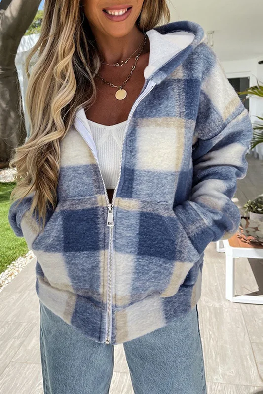 Fashion Casual Plaid Patchwork Hooded Collar Tops Stylish Women's Tropical 