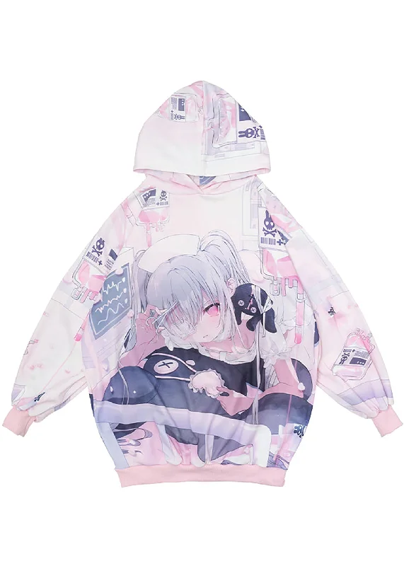 Healing Hearts Oversized Anime Pink Hoodie Preppy Women's College