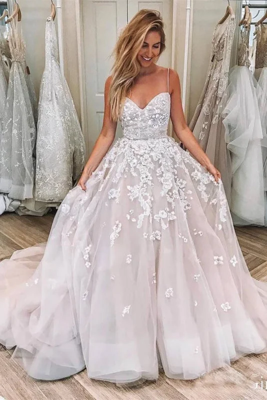 Spaghetti Strap Sleeveless Lace Applique Puffy Long Wedding Dress Laid - back Women's Style