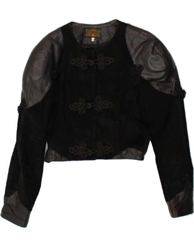 VINTAGE Womens Crop Suede Jacket UK 16 Large Black Leather Classic Women's Pin - striped VINTAGE Womens Crop Suede Jacket UK 16 Large Black Leather Classic Women's Pin - striped